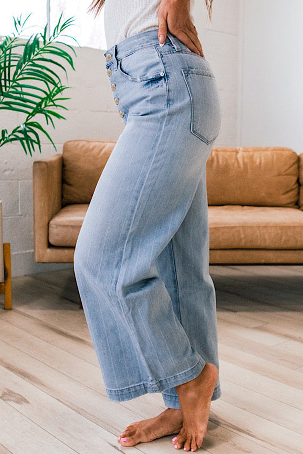 Beau Blue Multi Buttons Pinstripe Wide Leg Jeans Jeans JT's Designer Fashion
