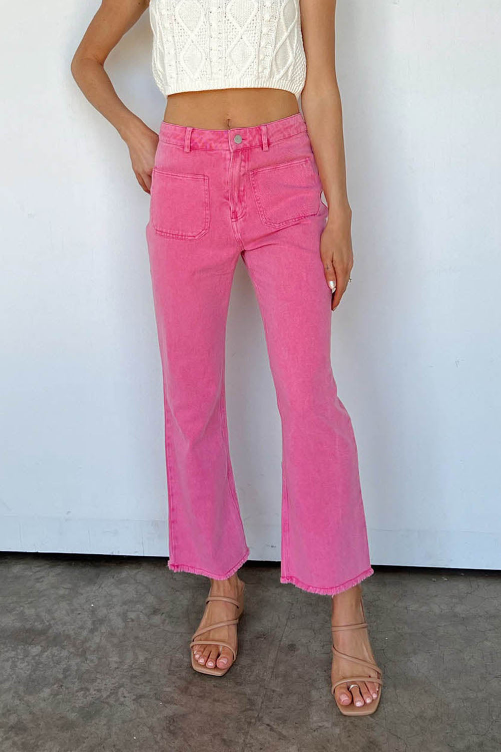 Pink Ankle-length Flare Leg Raw Hem Jeans Jeans JT's Designer Fashion