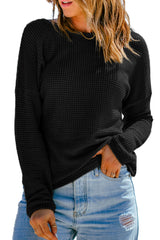 Black Waffle Knit Drop Shoulder Long Sleeve Top Long Sleeve Tops JT's Designer Fashion