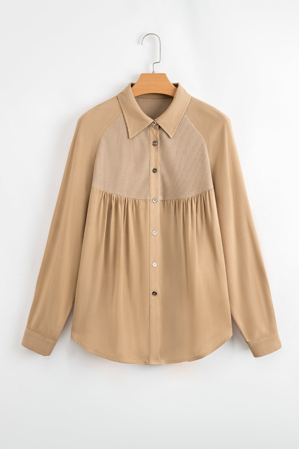 Light French Beige Waffle Patchwork Button Up Frayed Hem Shirt Blouses & Shirts JT's Designer Fashion