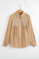 Light French Beige Waffle Patchwork Button Up Frayed Hem Shirt Blouses & Shirts JT's Designer Fashion