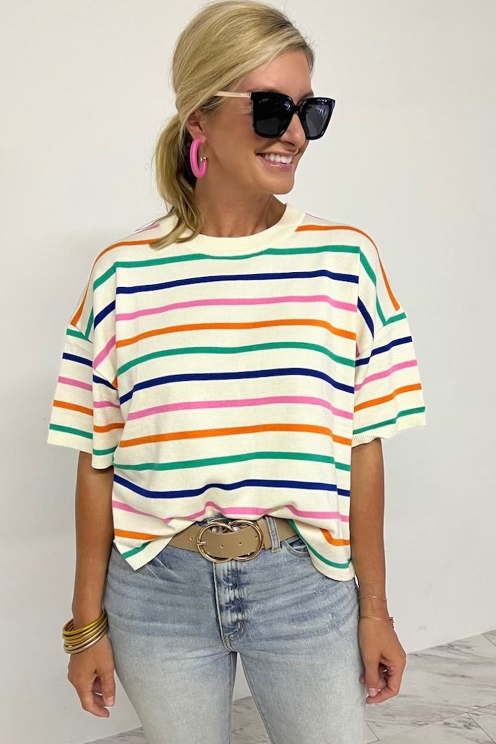 Beige Stripe Dropped Short Sleeve Boxy Fit Knitted Top Sweaters & Cardigans JT's Designer Fashion