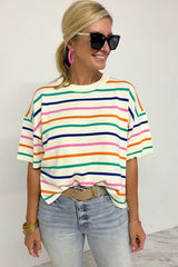 Beige Stripe Dropped Short Sleeve Boxy Fit Knitted Top Sweaters & Cardigans JT's Designer Fashion