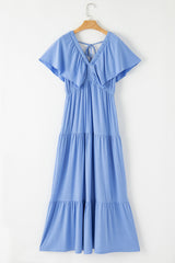 Sky Blue Textured V Neck Flutter Sleeve Ruffled Long Dress Maxi Dresses JT's Designer Fashion