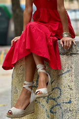 Fiery Red V Neck Flutter Sleeve Smocked Bodice High Waist Ruffle Long Dress Maxi Dresses JT's Designer Fashion