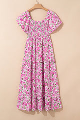 Pink Dainty Floral Smocked Puff Sleeve Flowy Long Dress Maxi Dresses JT's Designer Fashion