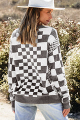 Gray Checkered Print Drop Shoulder Round Neck Sweater Sweaters JT's Designer Fashion