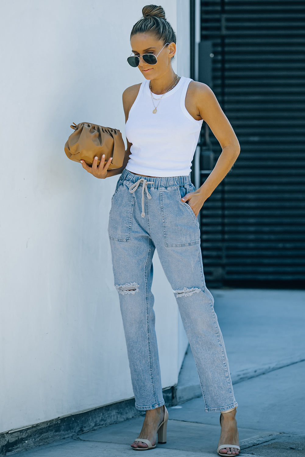 Sky Blue Gather Round Distressed Pocketed Denim Jogger Jeans JT's Designer Fashion