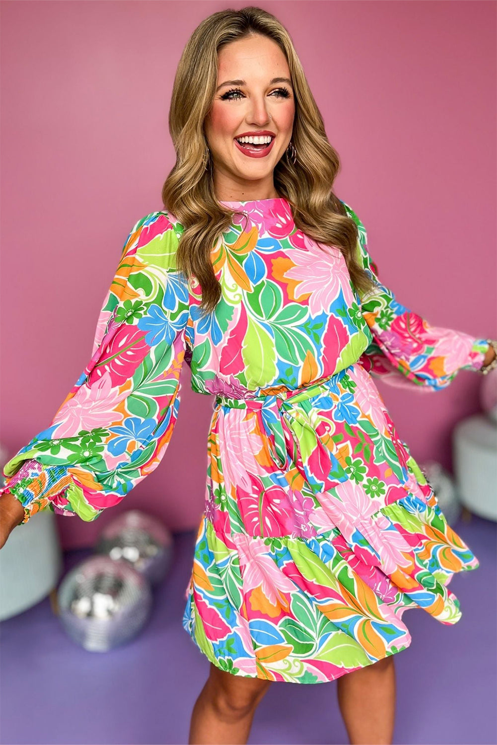 Green Multicolor Botanical Bubble Sleeve Mini Dress Floral Dresses JT's Designer Fashion