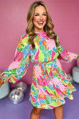 Green Multicolor Botanical Bubble Sleeve Mini Dress Floral Dresses JT's Designer Fashion