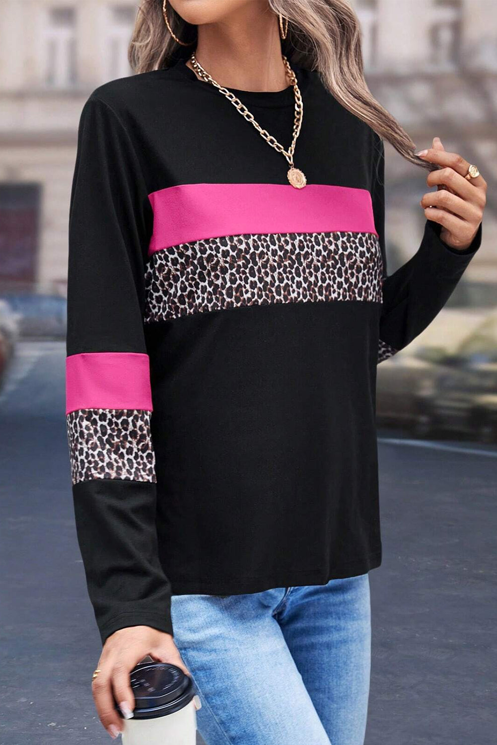 Rose Leopard Colorblock Patchwork Crew Neck Long Sleeve Tee Long Sleeve Tops JT's Designer Fashion