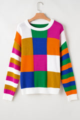 Orange Checkered Color Block Round Neck Loose Sweater Sweaters JT's Designer Fashion