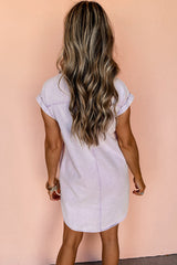 Orchid Petal Short Sleeve Double Chest Pocket Denim Shirt Dress Mini Dresses JT's Designer Fashion
