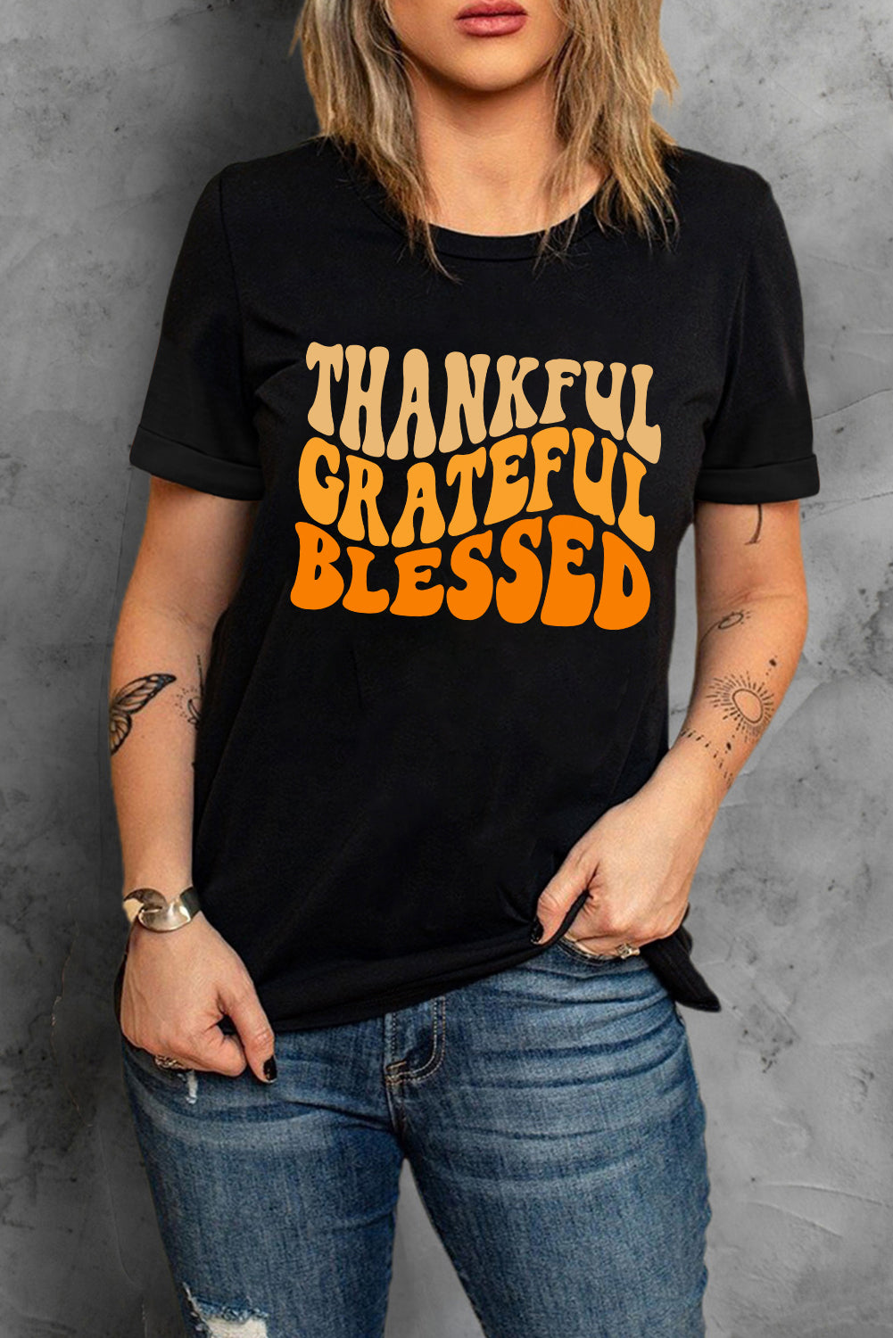 Black THANKFUL GRATEFUL BLESSED Crew Neck Graphic Tee Graphic Tees JT's Designer Fashion