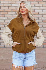 Chestnut Color Block Half Zip Kangaroo Pocketed Hoodie Sweatshirts & Hoodies JT's Designer Fashion