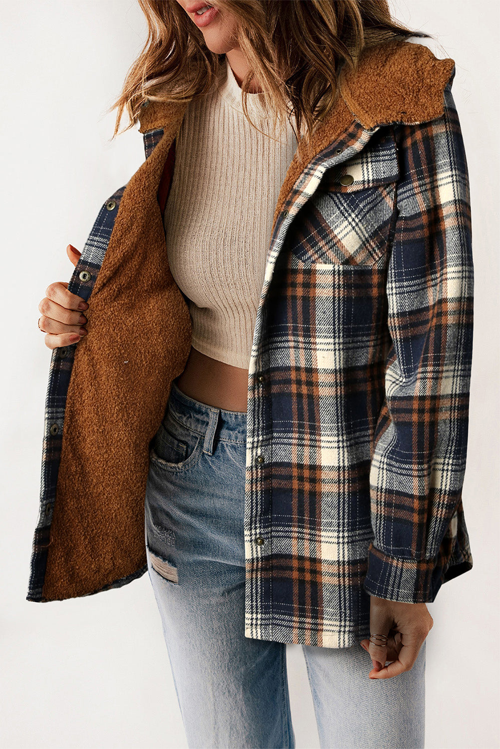 Plaid Pattern Sherpa Lined Hooded Shacket Plaid Shackets JT's Designer Fashion