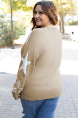 Khaki Star Pattern Drop Shoulder Plus Size Sweater Plus Size Sweaters & Cardigans JT's Designer Fashion