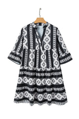 Black Geometric Print V Neck Ruffled Dress Mini Dresses JT's Designer Fashion