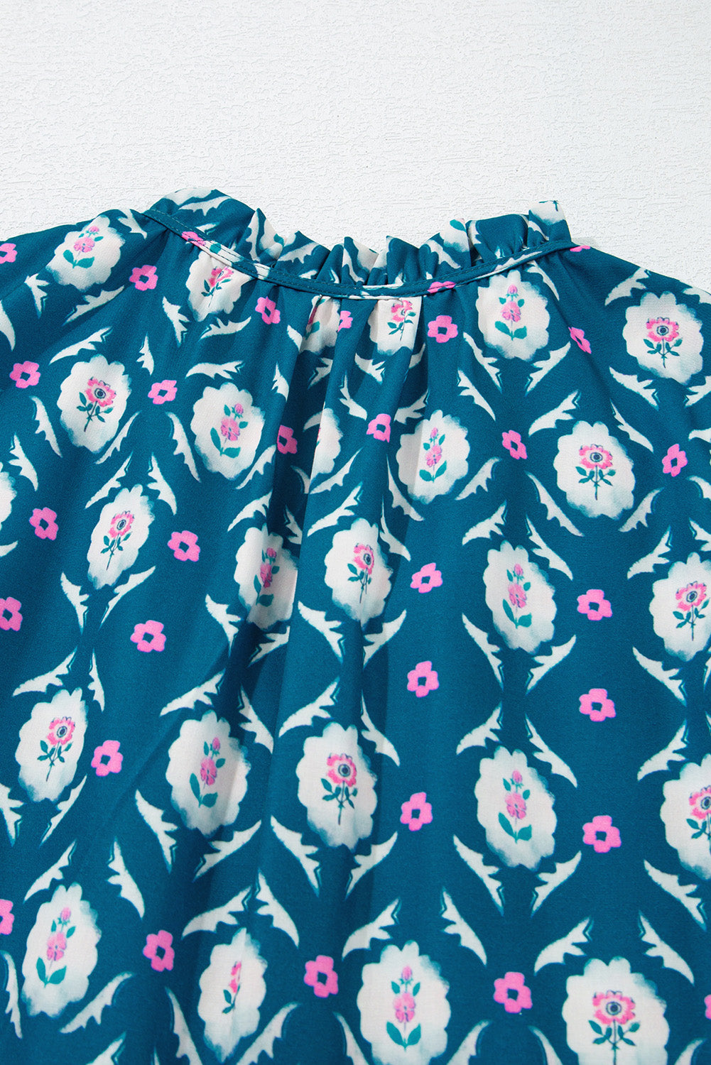 Blue Retro Floral Print Split Neck Ruffle Short Sleeve Dress Floral Dresses JT's Designer Fashion