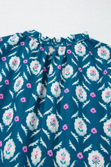 Blue Retro Floral Print Split Neck Ruffle Short Sleeve Dress Floral Dresses JT's Designer Fashion