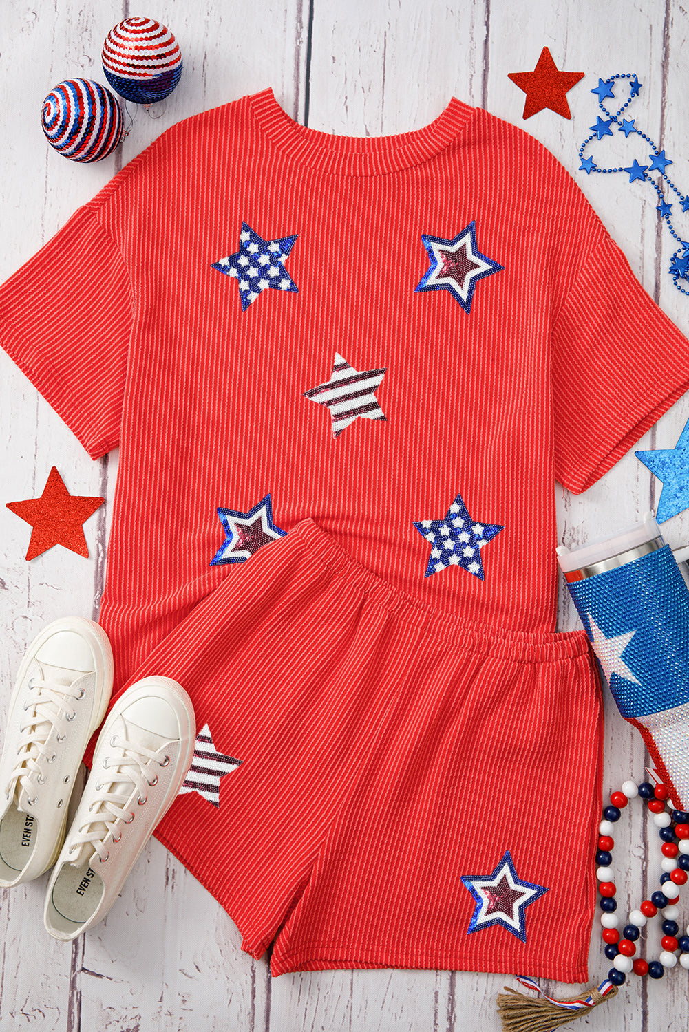 Orange Sequin USA Flag Star Graphic Corded T Shirt and Shorts Set Graphic Sets JT's Designer Fashion