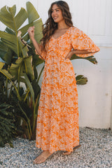 Orange Floral Print Smocked V Neck Wide Sleeve Maxi Dress Floral Dresses JT's Designer Fashion