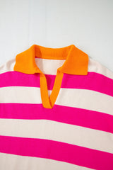 Rose Stripe Color Block Collared V Neck Drop Shoulder Sweater Sweaters JT's Designer Fashion