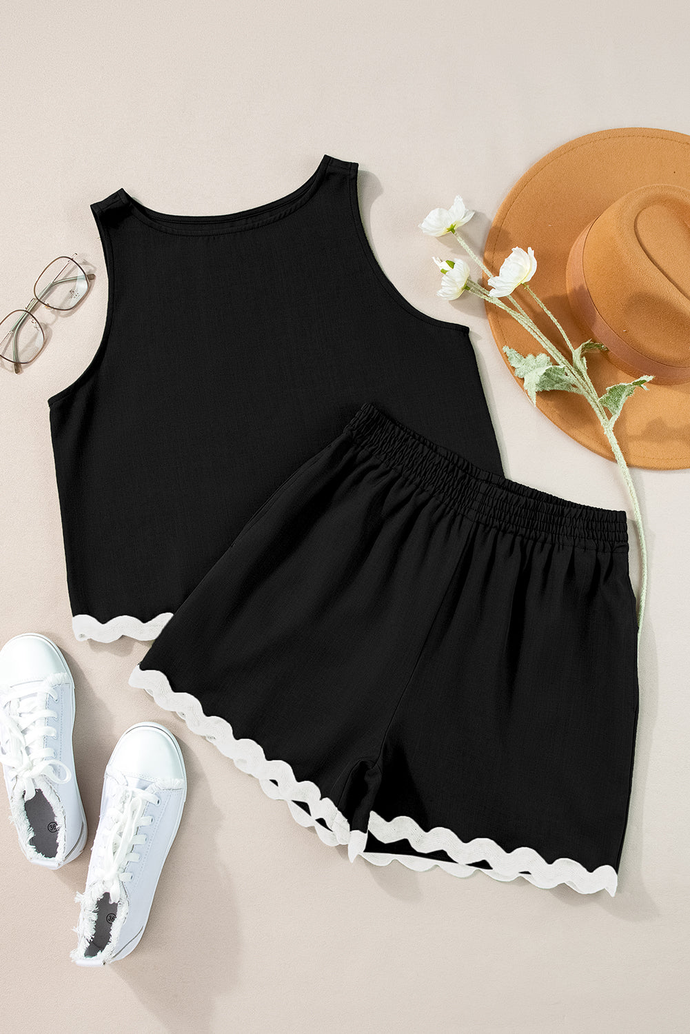 Black Ricrac Trim Tank Top Elastic Waist Shorts Set Short Sets JT's Designer Fashion