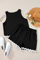 Black Ricrac Trim Tank Top Elastic Waist Shorts Set Short Sets JT's Designer Fashion