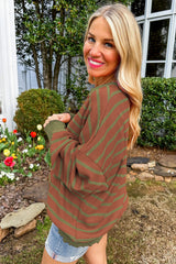 Brown Stripe Trimmed Round Neck Drop Shoulder Loose Sweater Sweaters JT's Designer Fashion
