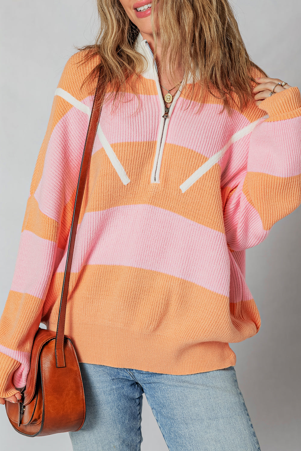 Orange Stripe Colorblock Half Zip Oversize Sweater Orange Stripe 52%Viscose+26%Polyester+22%Polyamide Sweaters JT's Designer Fashion