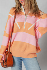 Orange Stripe Colorblock Half Zip Oversize Sweater Orange Stripe 52%Viscose+26%Polyester+22%Polyamide Sweaters JT's Designer Fashion