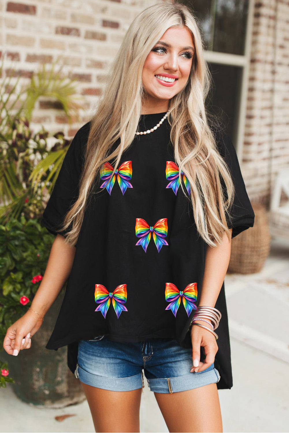 Black Pride Bow Print Oversize Cotton T Shirt Graphic Tees JT's Designer Fashion