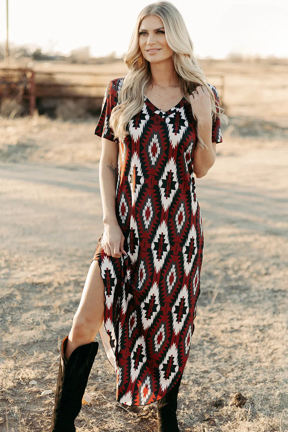 Red Western Aztec Printed Long T-shirt Dress T Shirt Dresses JT's Designer Fashion