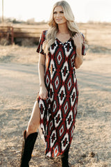 Red Western Aztec Printed Long T-shirt Dress T Shirt Dresses JT's Designer Fashion