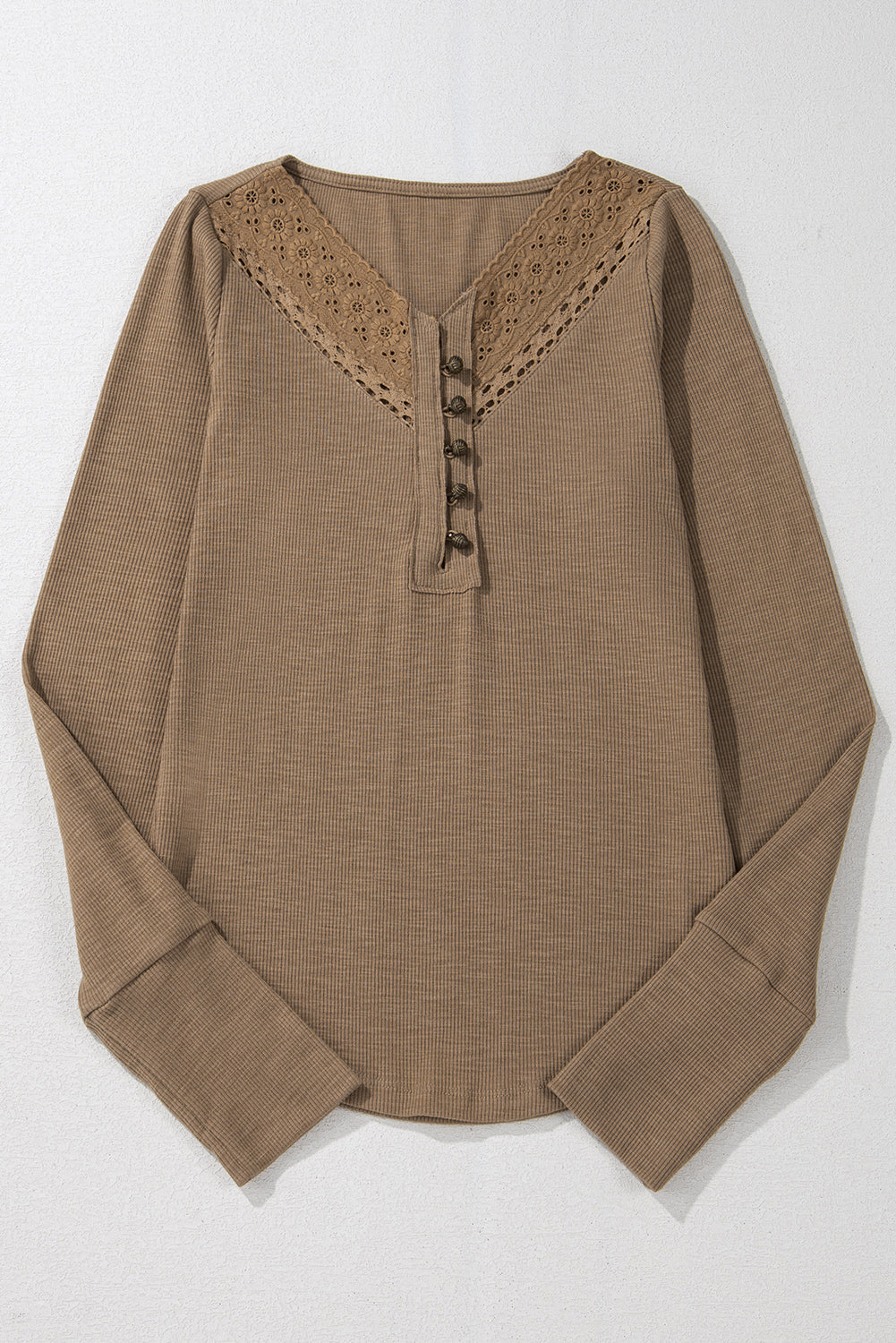 Chestnut Anglaise Broider Ribbed Long Sleeve Top Long Sleeve Tops JT's Designer Fashion