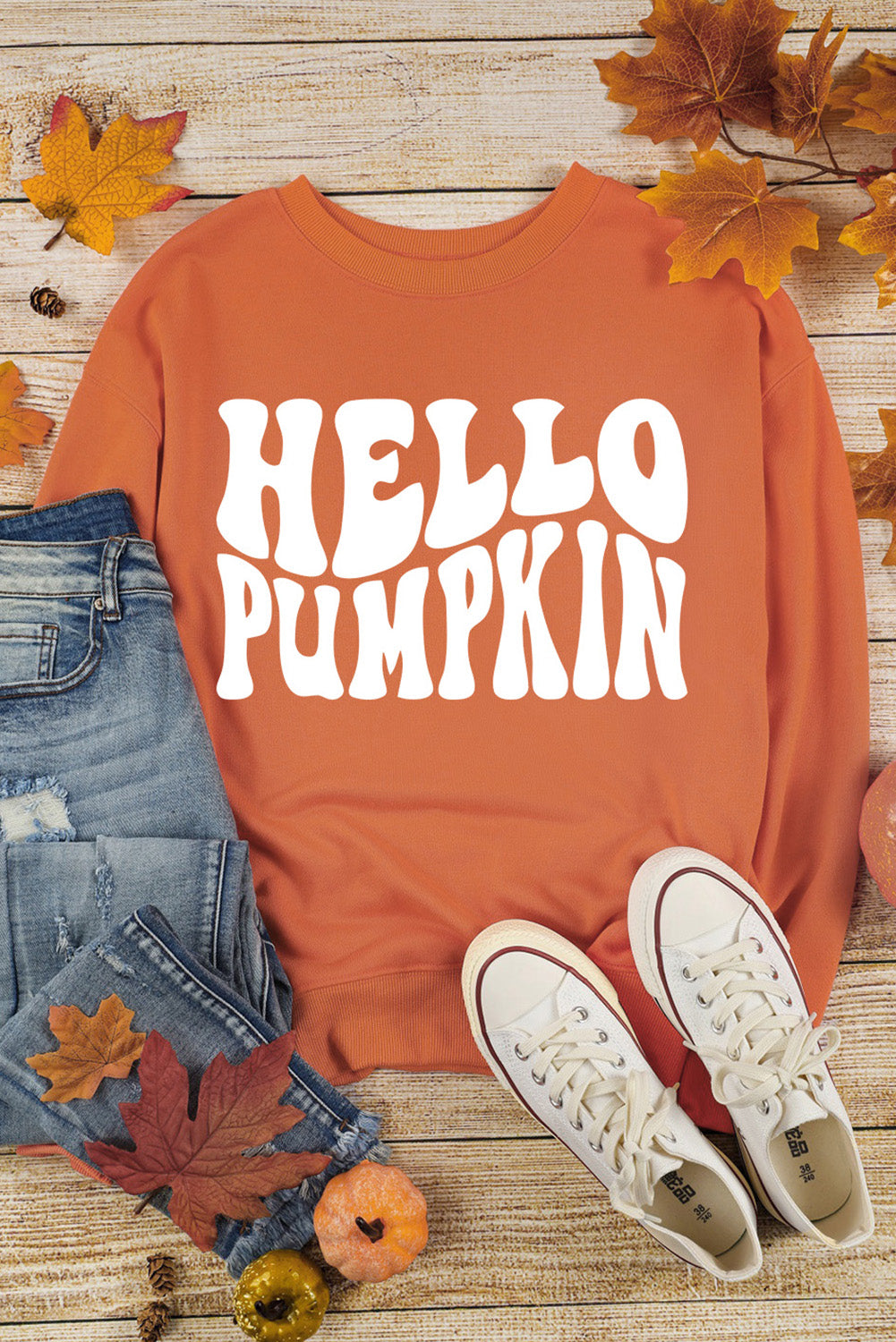 Orange Hello Pumpkin Graphic Drop Shoulder Halloween Sweatshirt Graphic Sweatshirts JT's Designer Fashion