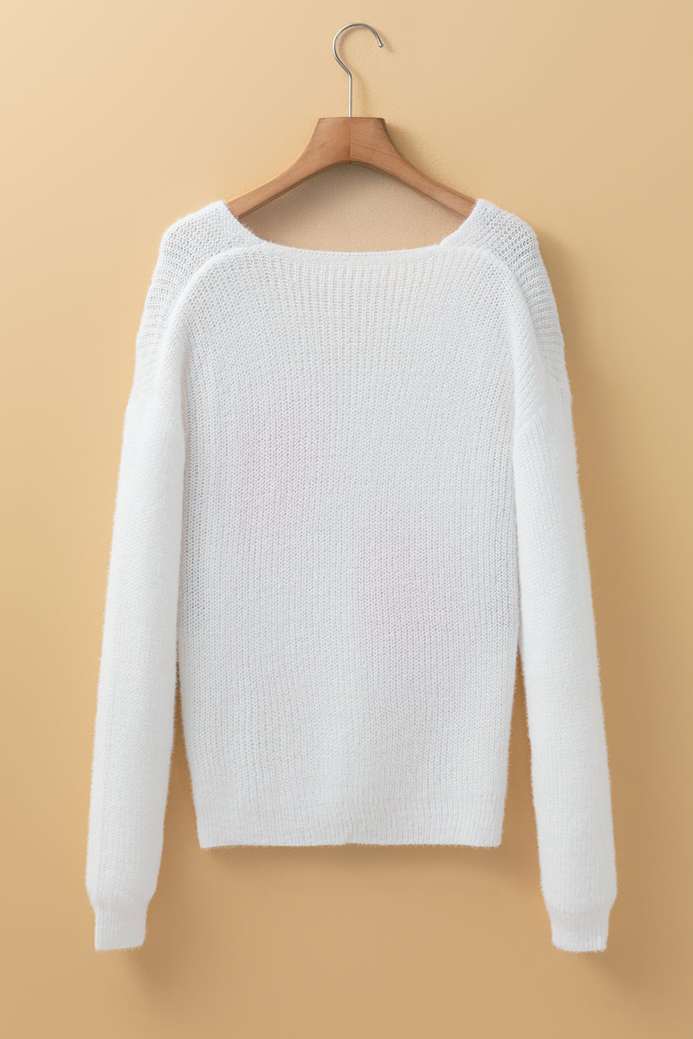 White Pearl Beaded Heart Pattern Fuzzy V Neck Sweater Sweaters JT's Designer Fashion