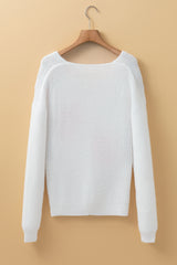 White Pearl Beaded Heart Pattern Fuzzy V Neck Sweater Sweaters JT's Designer Fashion