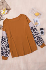 Brown Leopard Sequin Patchwork Long Sleeve Top Long Sleeve Tops JT's Designer Fashion
