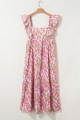 Pink Plus Size Ruffle Trim Square Neck High Waist Floral Maxi Dress Plus Size Maxi Dresses JT's Designer Fashion