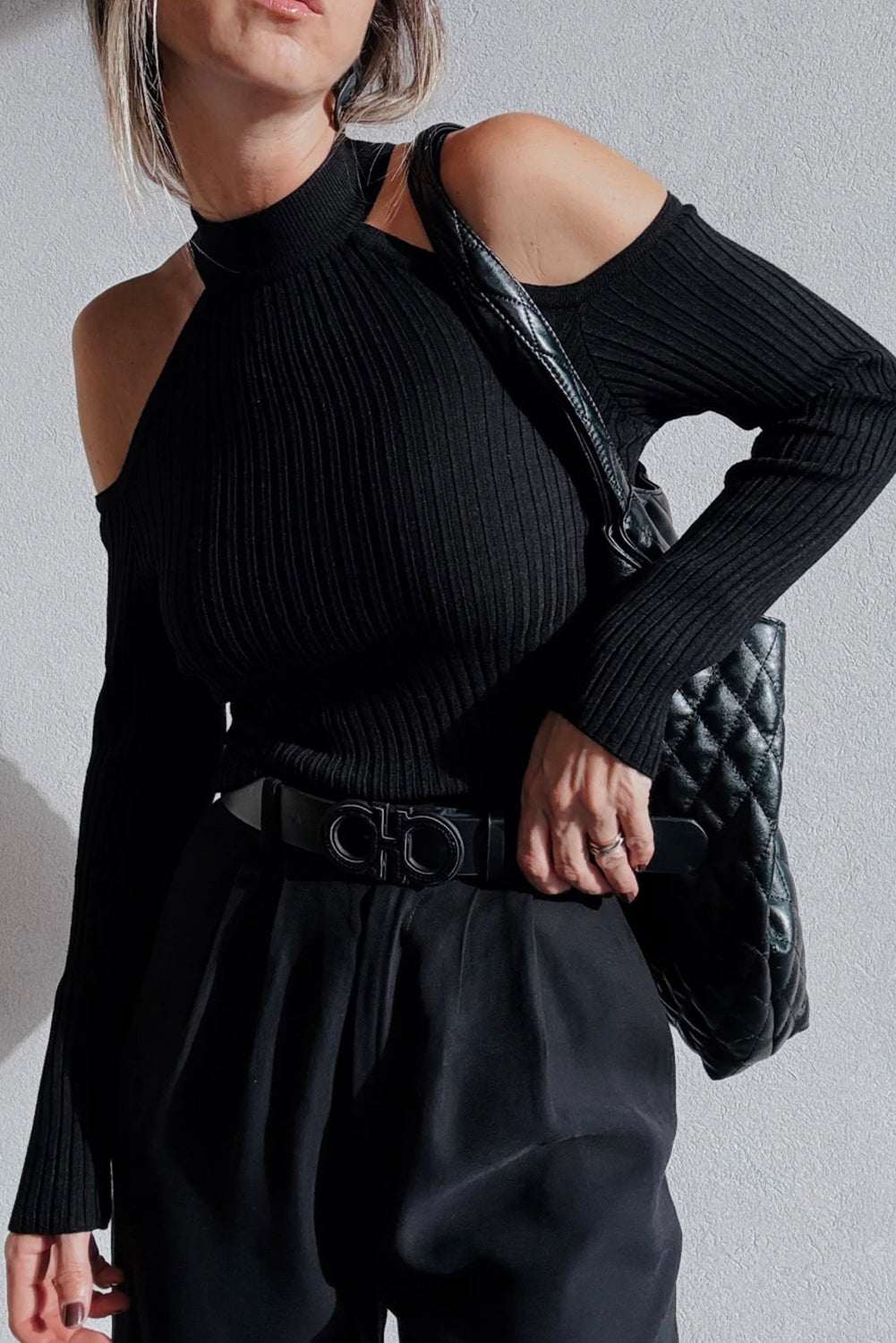 Black Ribbed Knit Cold Shoulder Choker Neck Sweater Sweaters JT's Designer Fashion