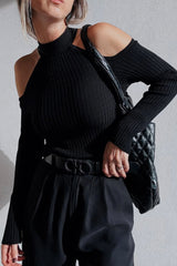 Black Ribbed Knit Cold Shoulder Choker Neck Sweater Sweaters JT's Designer Fashion