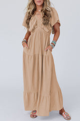 Parchment Textured V Neck Flutter Sleeve Ruffled Long Dress Parchment 65%Polyester+30%Viscose+5%Elastane Maxi Dresses JT's Designer Fashion