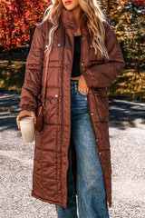 Coffee Quilted Puffer Stand Neck Zipped Mid-length Coat Coffee 100%Polyester Coats JT's Designer Fashion