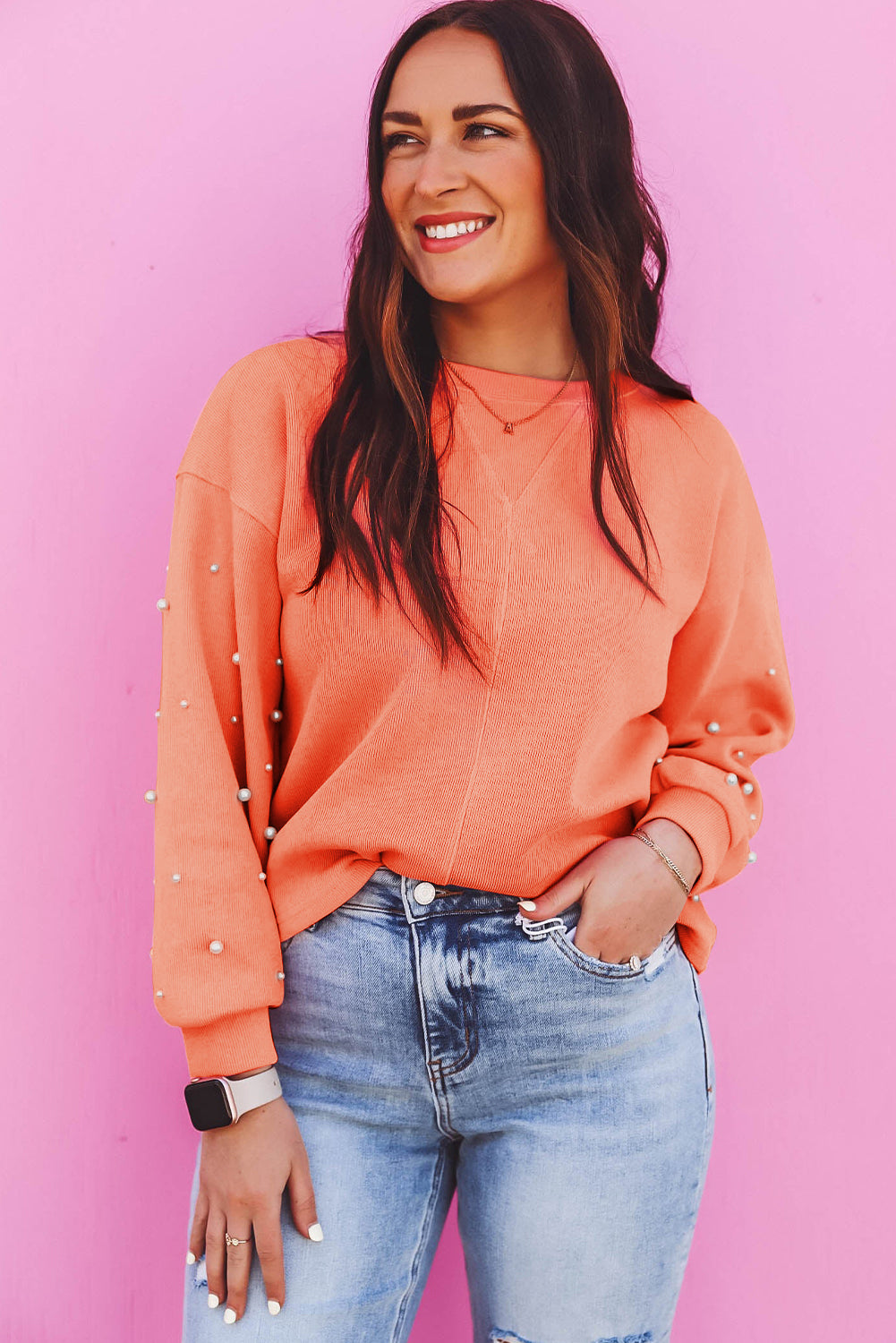 Blossom Pearled Sleeves Drop Shoulder Round Neck Pullover Sweatshirt Sweatshirts & Hoodies JT's Designer Fashion