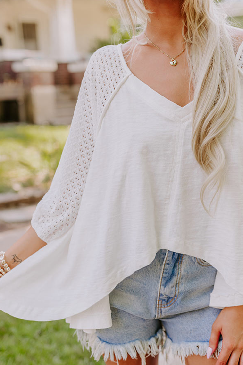 White Eyelet Patchwork High Low Hem V Neck Oversized Top Long Sleeve Tops JT's Designer Fashion