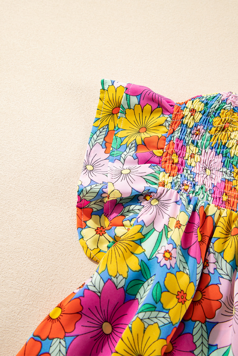 Sky Blue Floral Print Smocked Notch V Neck Flutter Sleeve Mini Dress Floral Dresses JT's Designer Fashion
