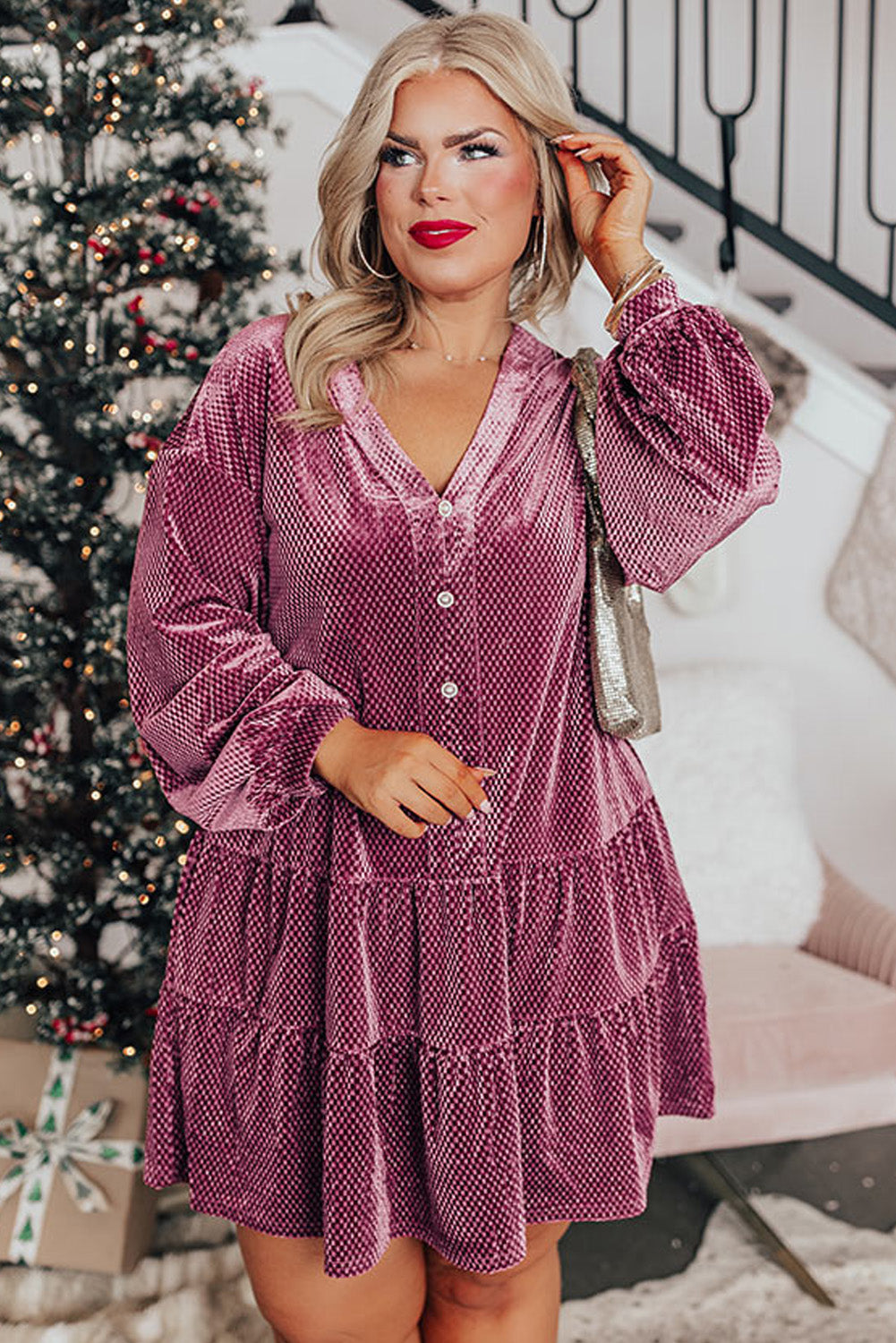 Meadow Mauve Plus Size Textured Velvet Tiered Buttons Tiered Dress Plus Size Mini Dresses JT's Designer Fashion