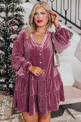 Meadow Mauve Plus Size Textured Velvet Tiered Buttons Tiered Dress Plus Size Mini Dresses JT's Designer Fashion